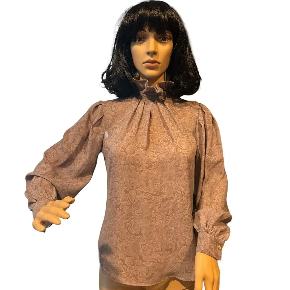 American vintage Bethany petites Gray Blouse with ruffled high neck size 4